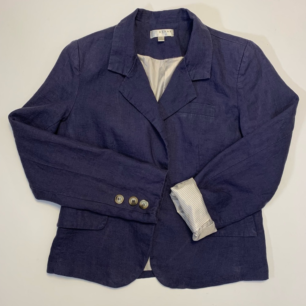 Kenar Navy Blue 100% Linen Blazer – Striped Lining - Size‎ Medium